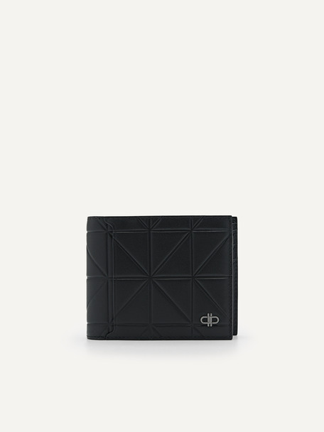 PEDRO標誌幾何圖案皮革雙折疊錢包配貼袋, 黑色