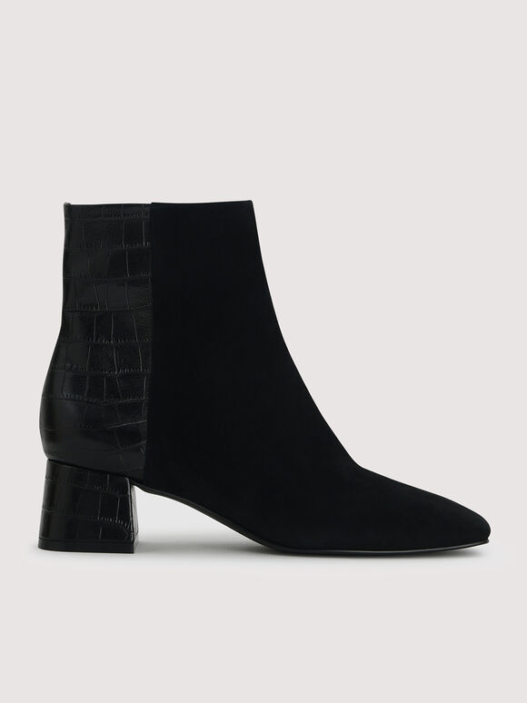 Croc-Effect Suede Leather Ankle Boots, Black