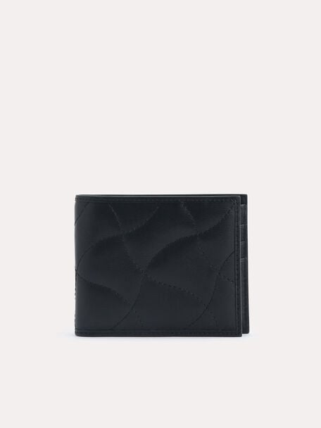 抽象風絎縫雙折疊錢包, 黑色