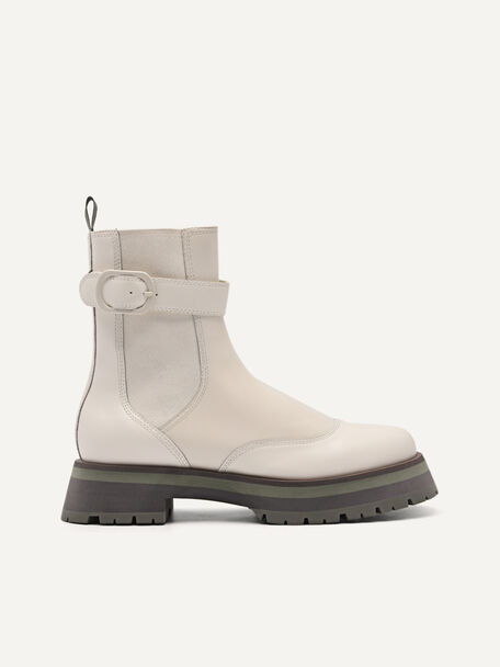 Leather Buckled Chelsea Boots, Chalk
