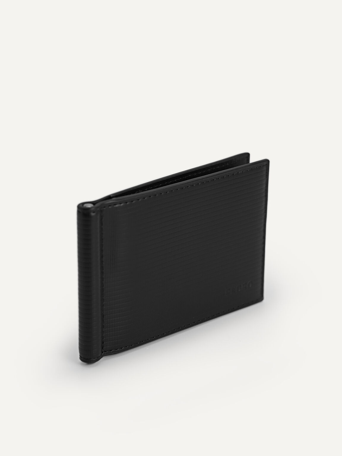 Textured Leather Wallet with Money Clip, Black