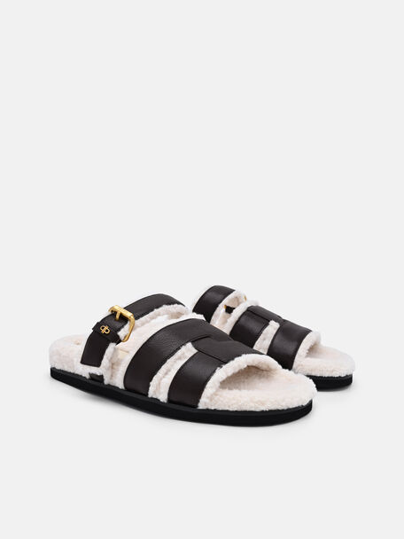 Iza Faux Shearling Leather Sandals, Dark Brown Fur