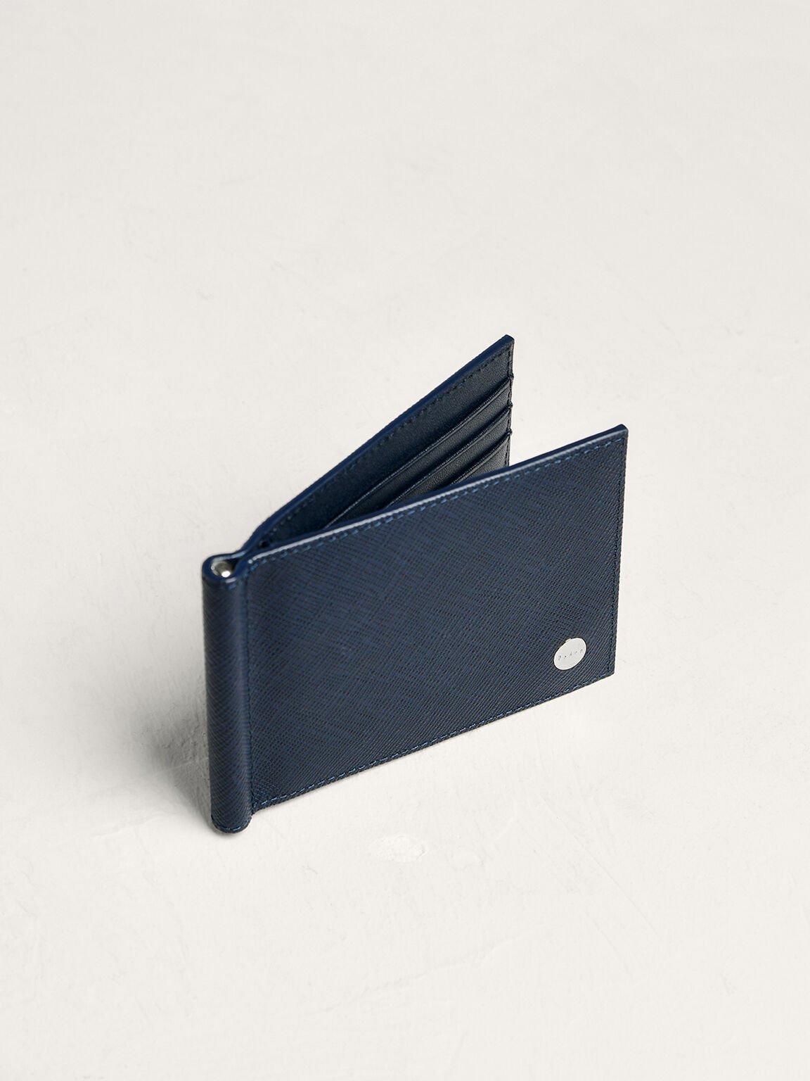 Leather Bi-Fold Money Clip Cardholder, Navy, hi-res