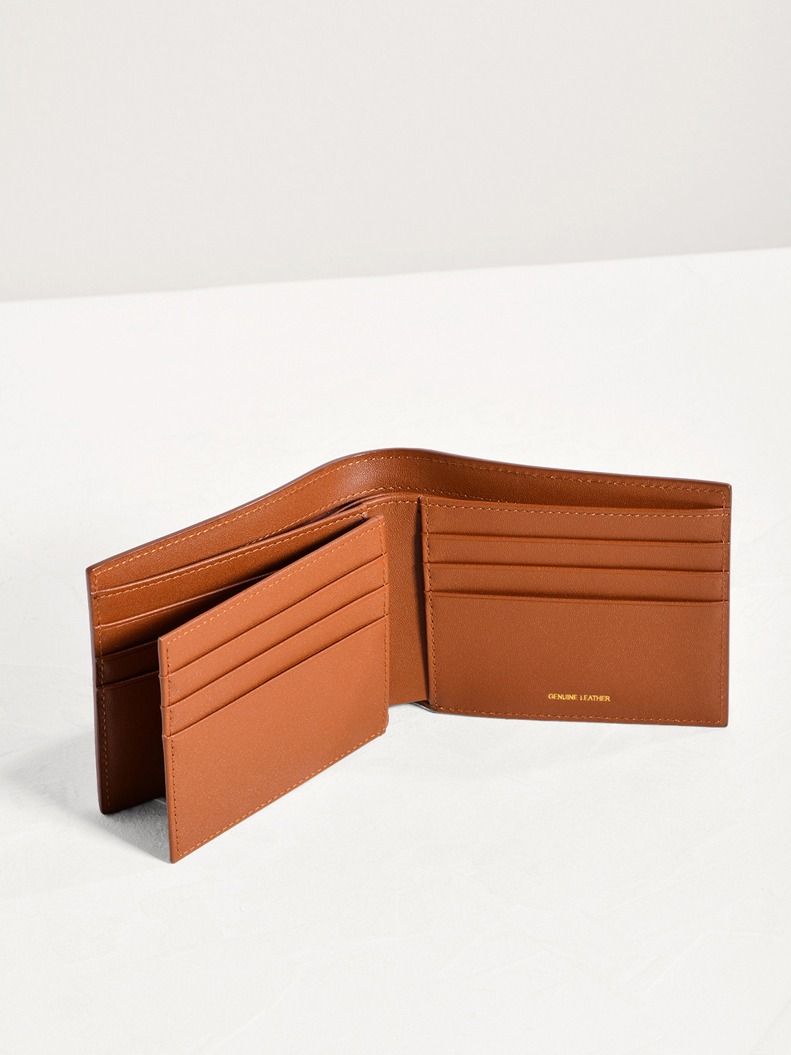 Striped Leather Bi-Fold Flip Wallet, Cognac