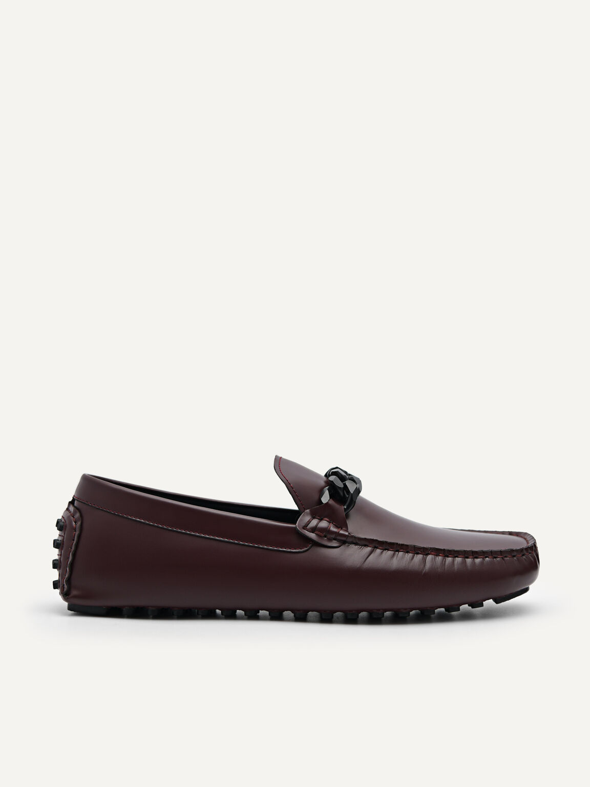 Leather Driving Moccassins with Curb Chain Saddle, Maroon