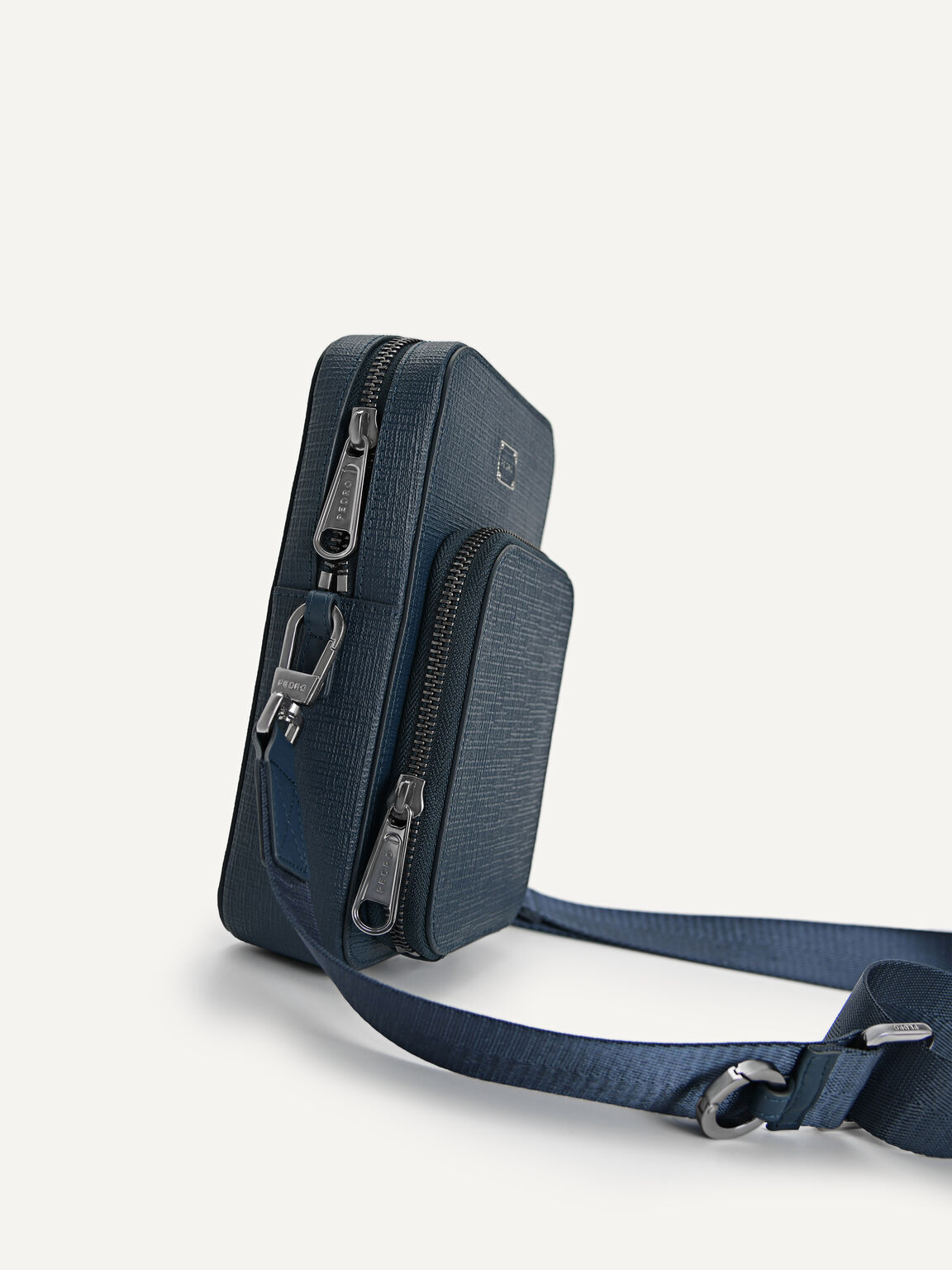 Textured Leather Sling Pouch, Navy, hi-res