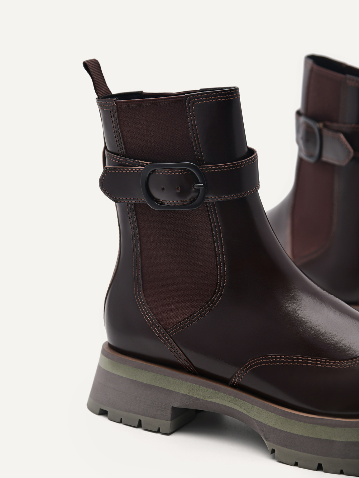 Leather Buckled Chelsea Boots, Dark Brown