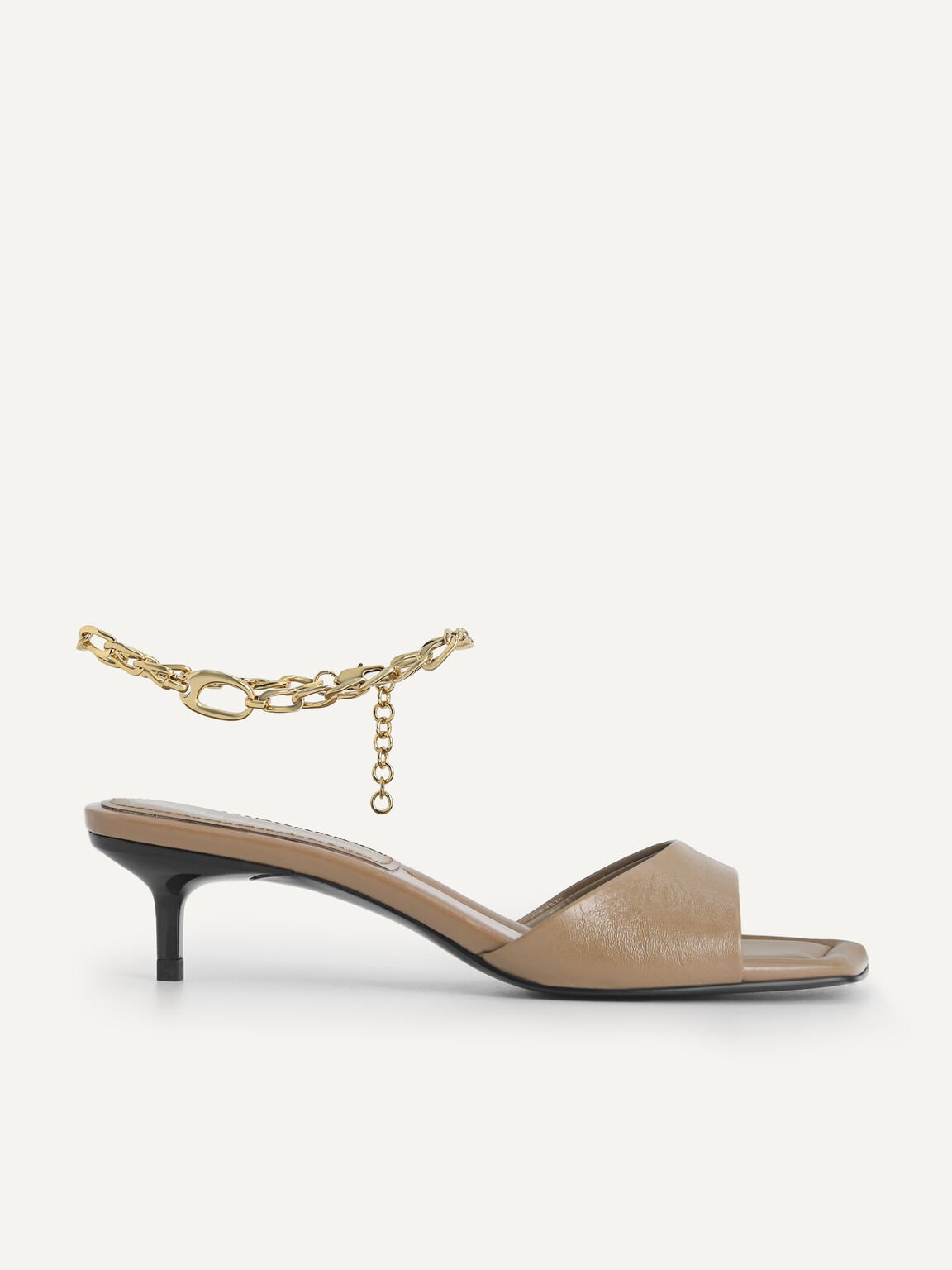 Chain-Strap Leather Heeled Sandals, Taupe