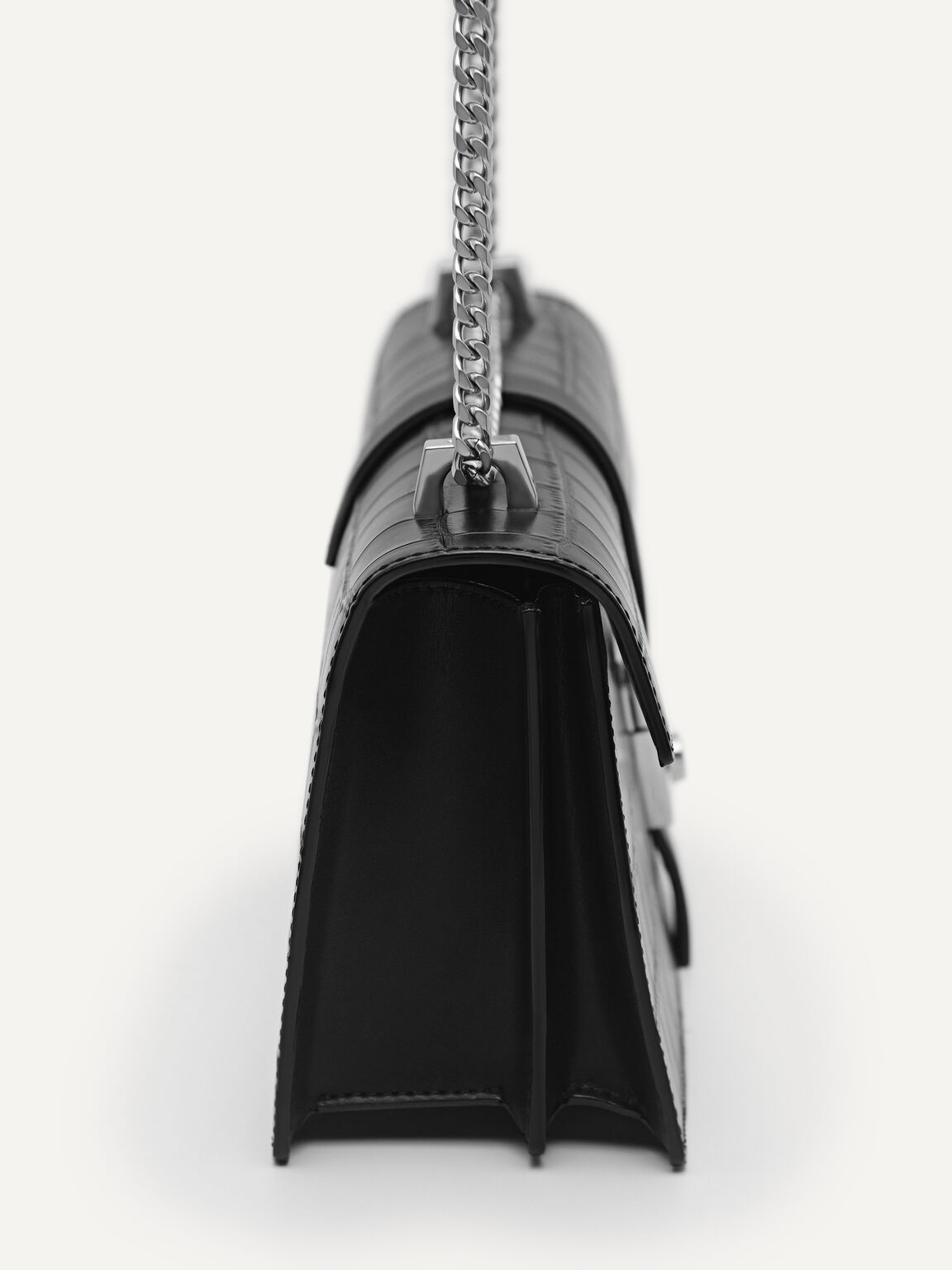 Leather Croc-Effect Shoulder Bag, Black, hi-res