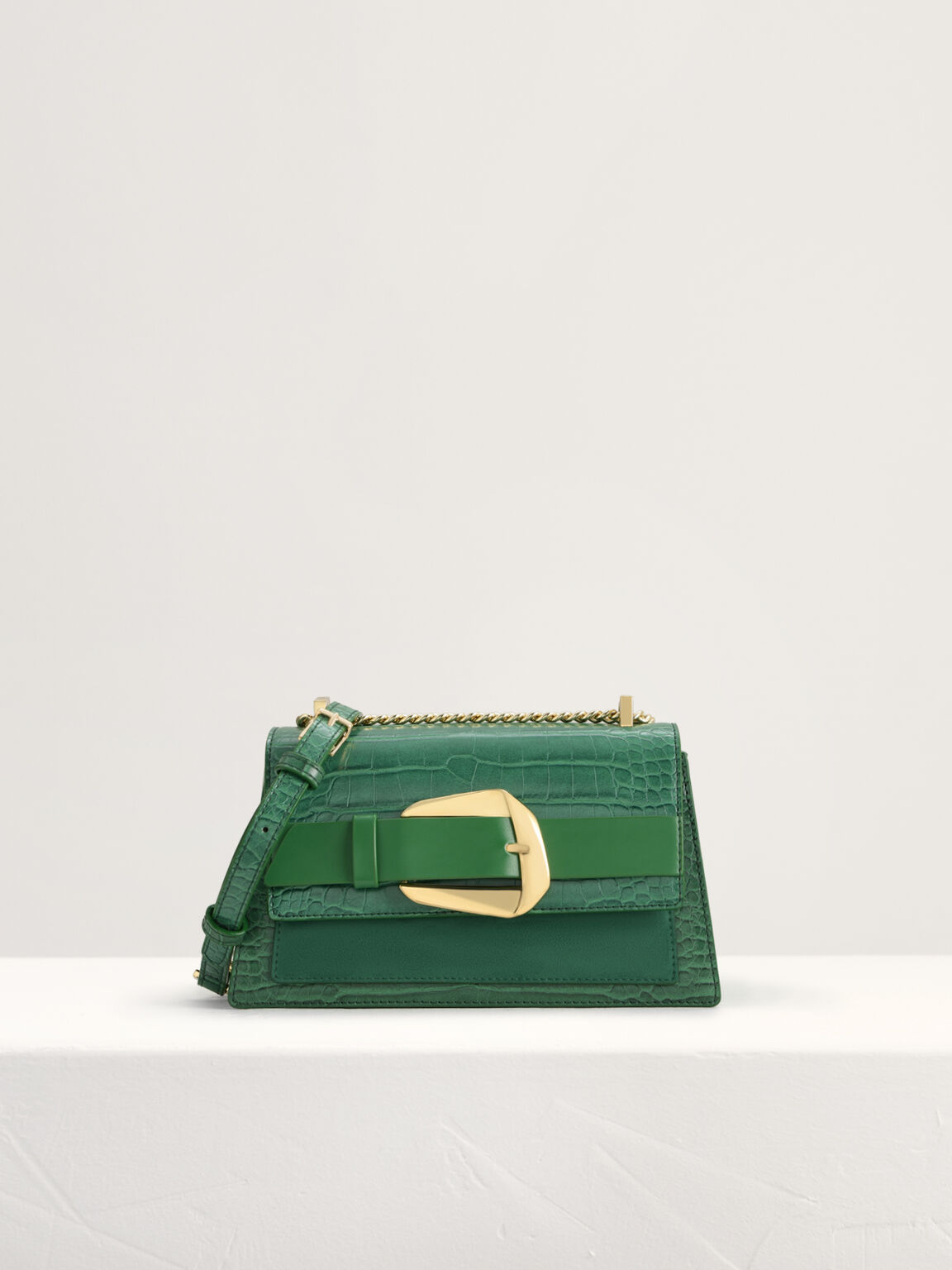 Buckled Croc-Effect Shoulder Bag, Green