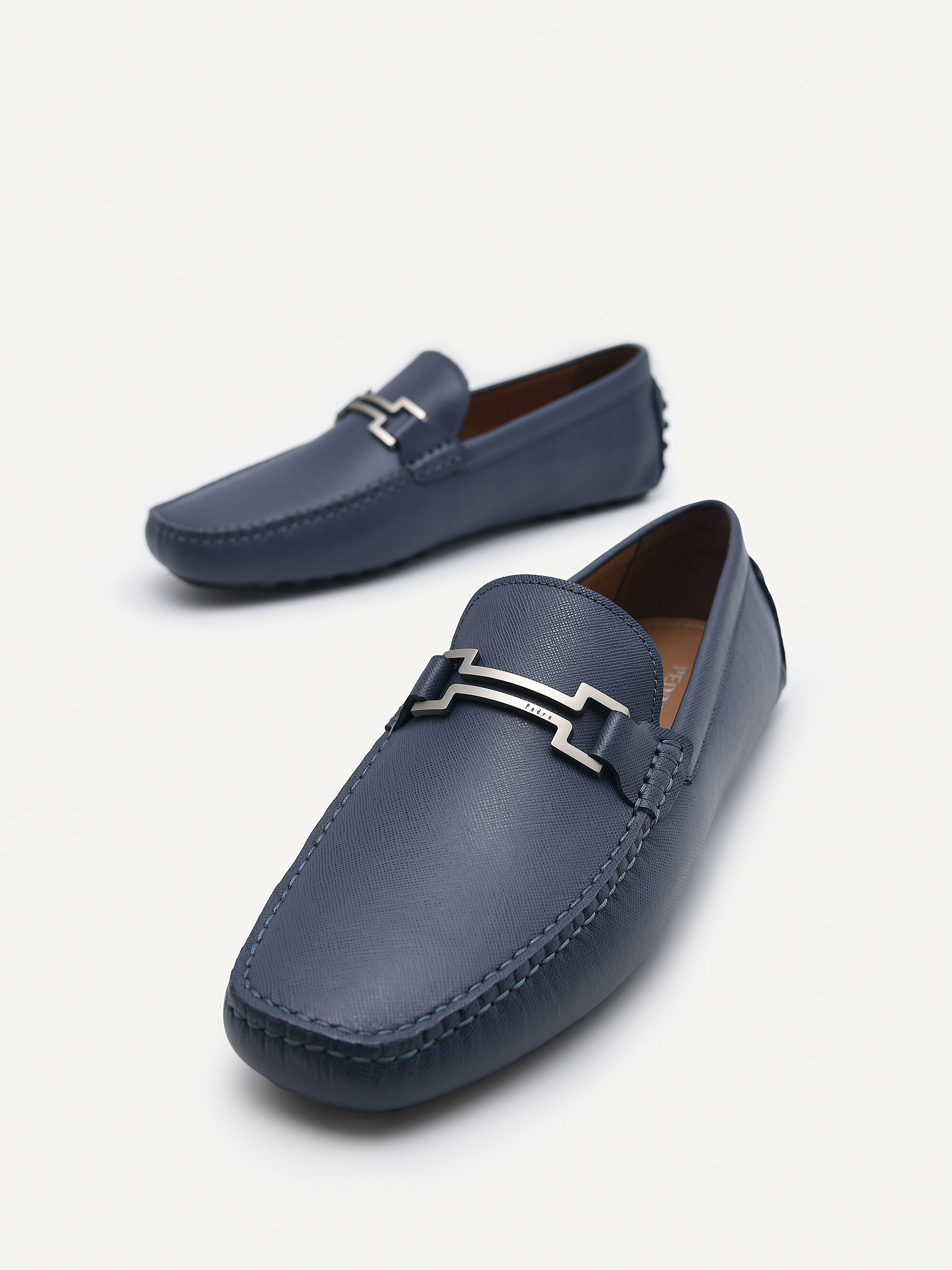 Embossed Leather Moccasins - Navy