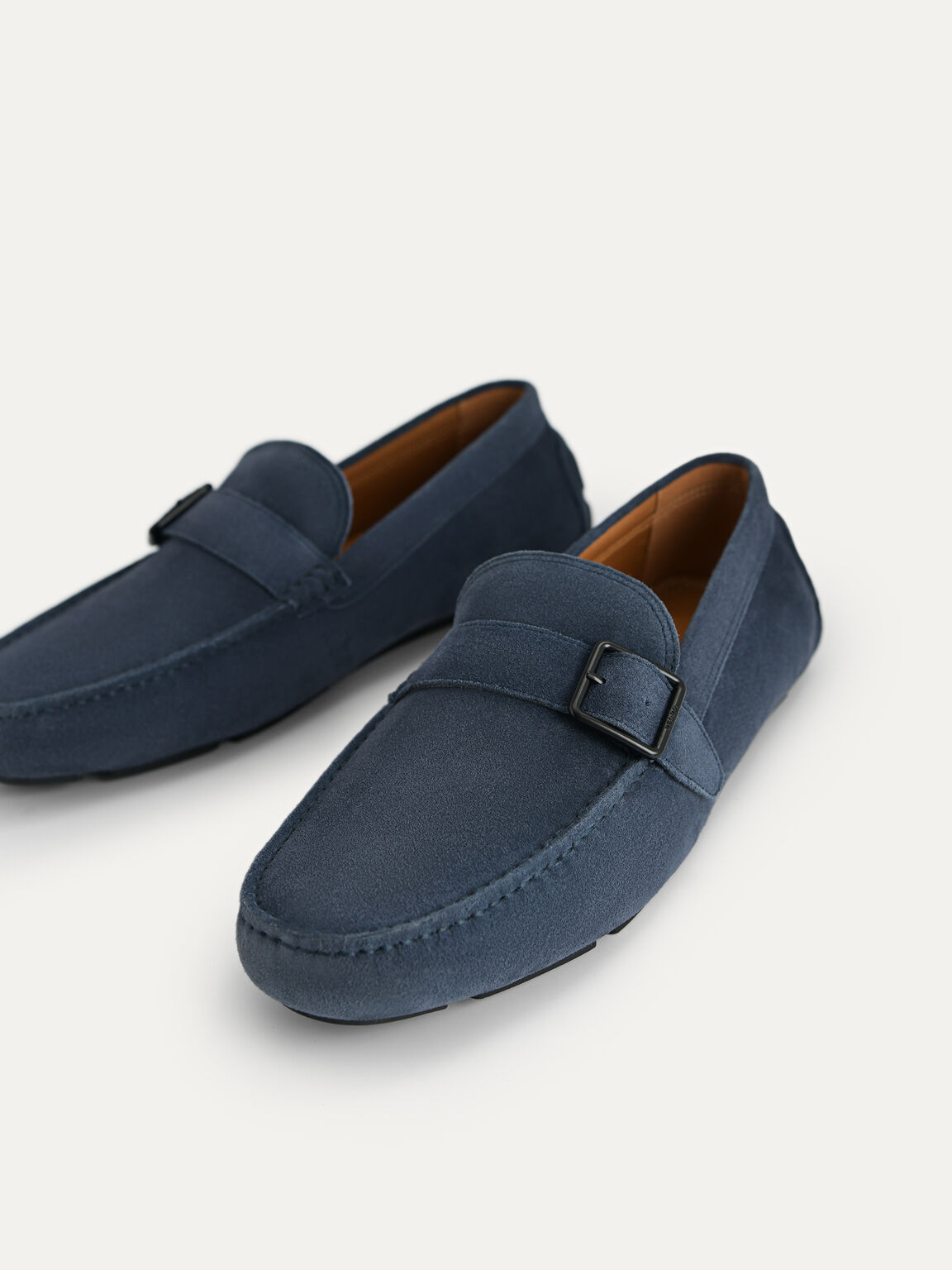 Suede Leather Moccasins with Buckle Detailing, Navy, hi-res