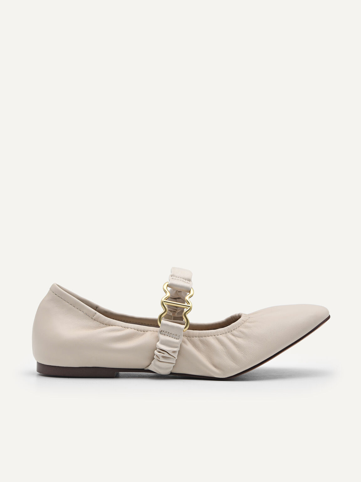 Leather Ballerina with Ruche Strap, Sand