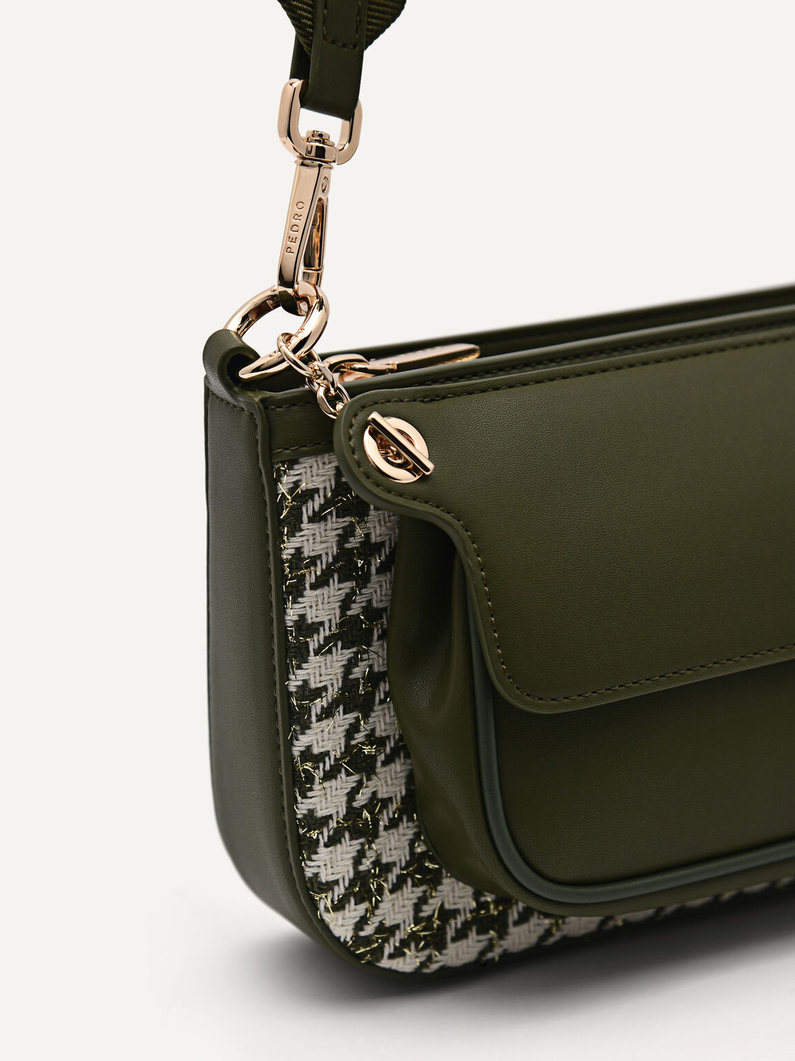 Dilone Houndstooth Double Flap Shoulder Bag, Military Green