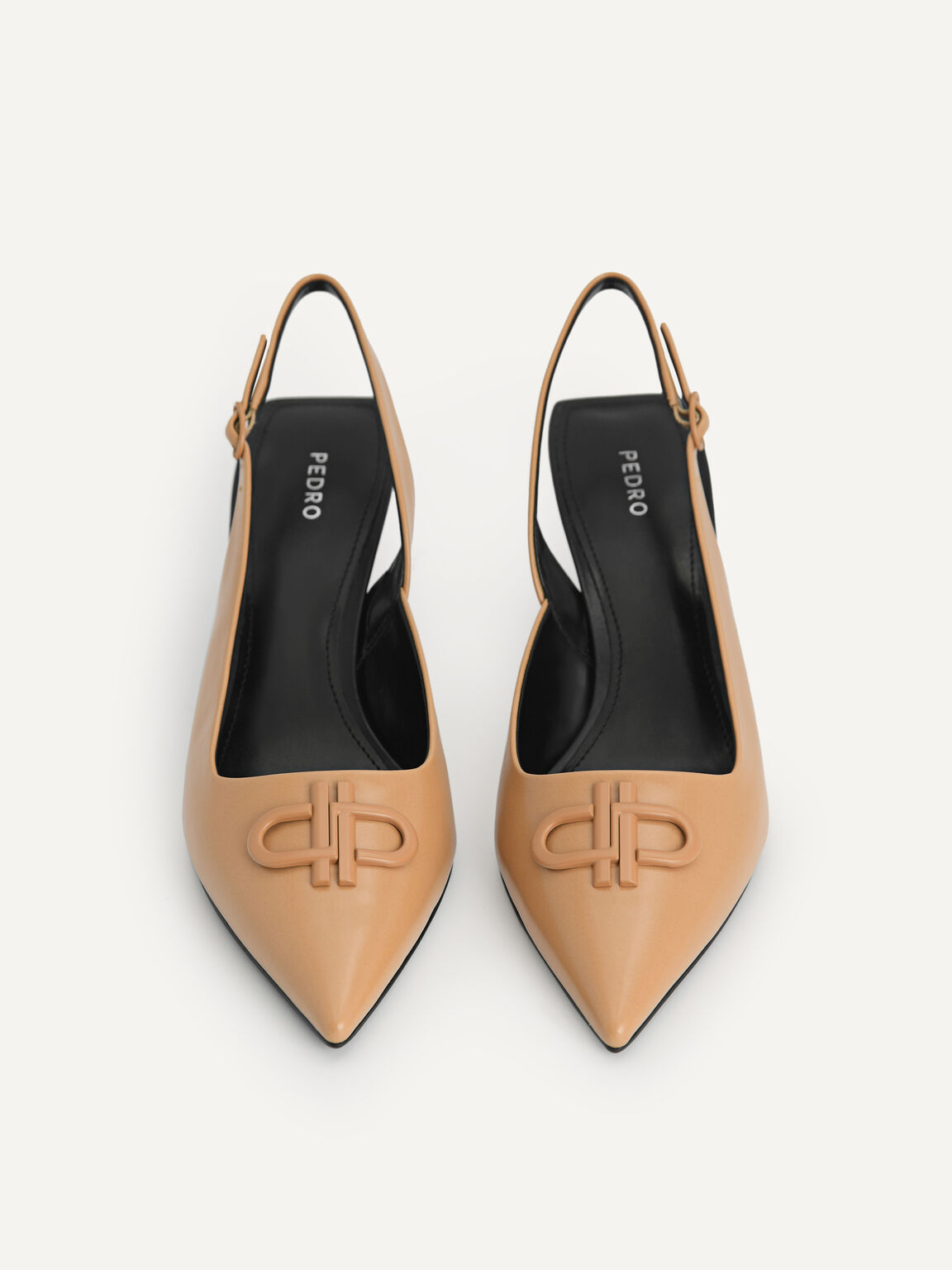 Icon Leather Pointed Toe Slingback Heels, Camel