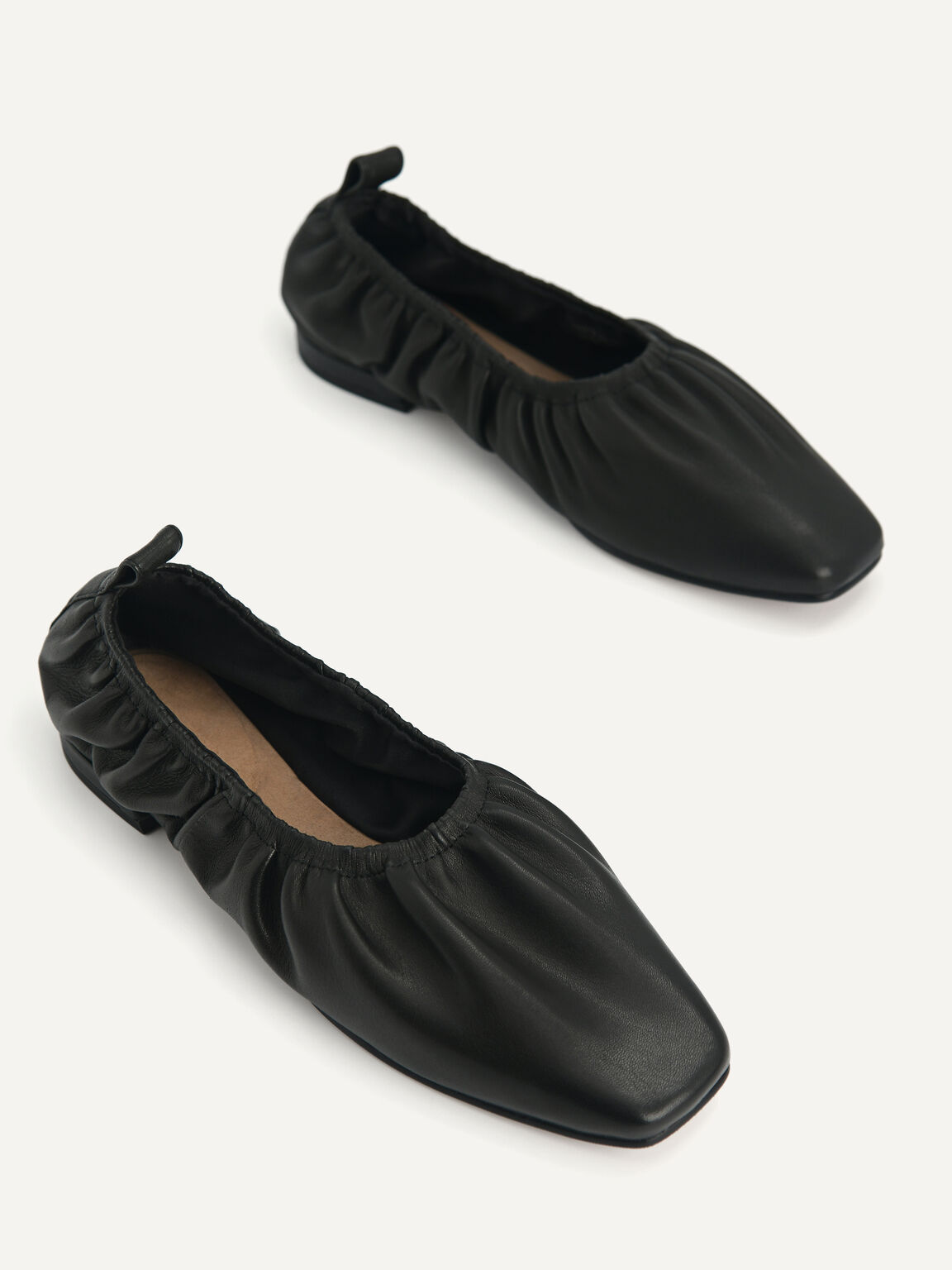 Ruched Leather Flats, Black