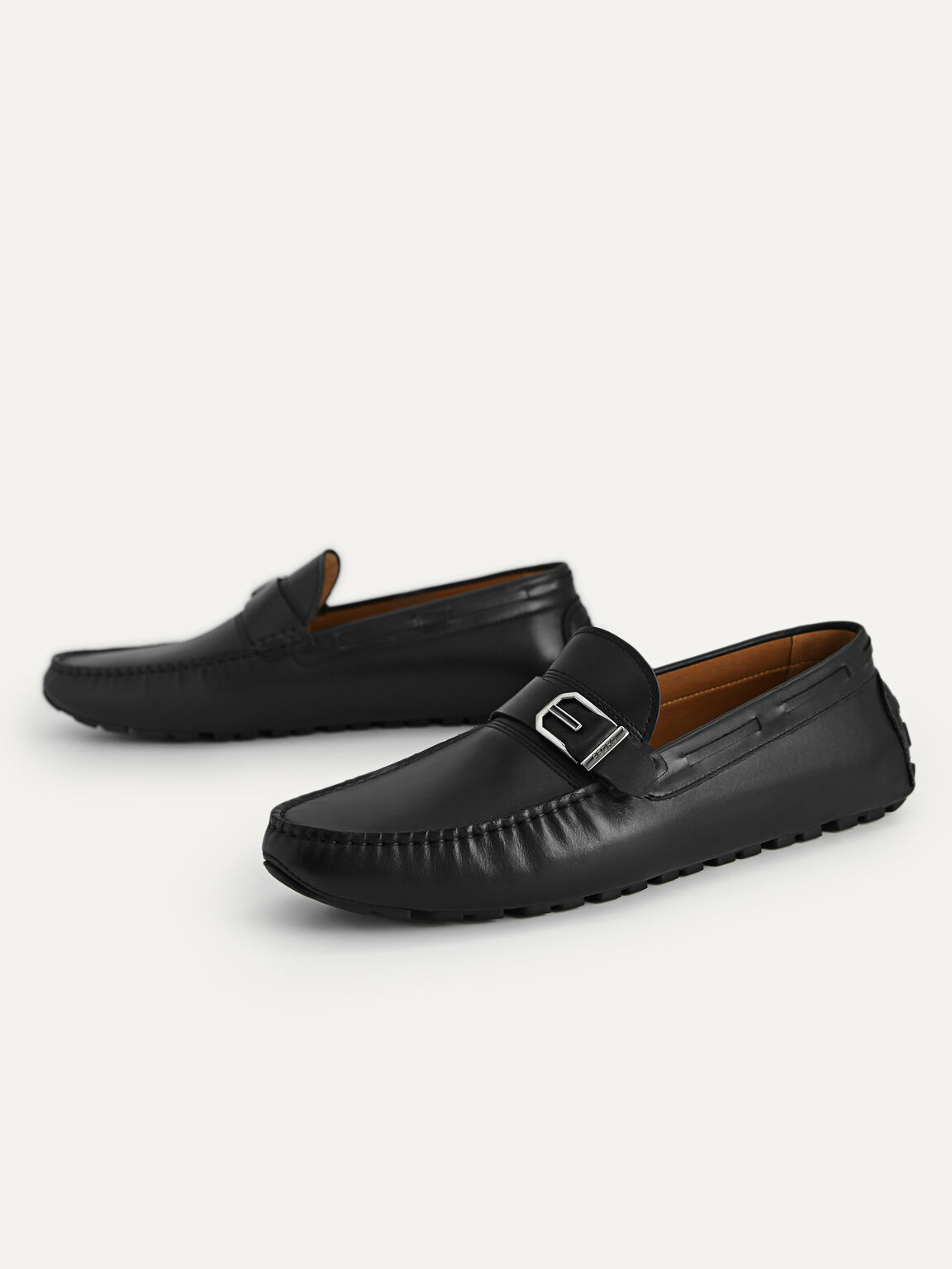 Leather Moccasins with Buckle Detailing, Black, hi-res