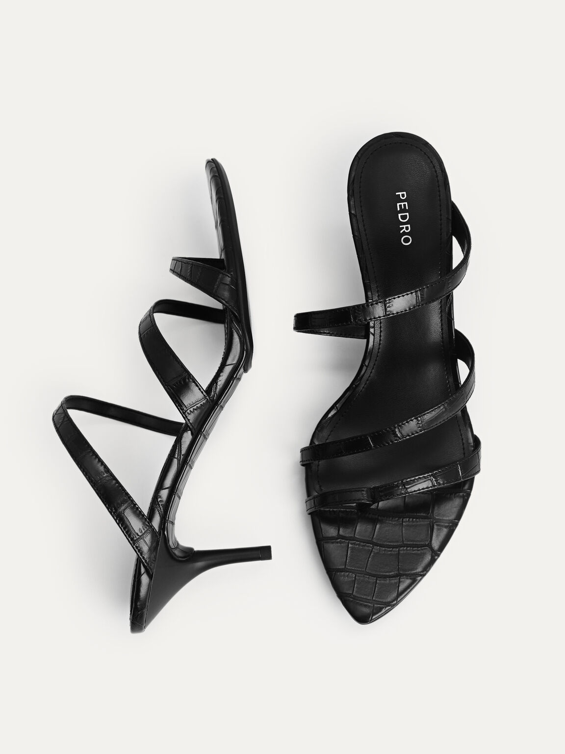 Croc-Effect Leather Heeled Sandals, Black, hi-res