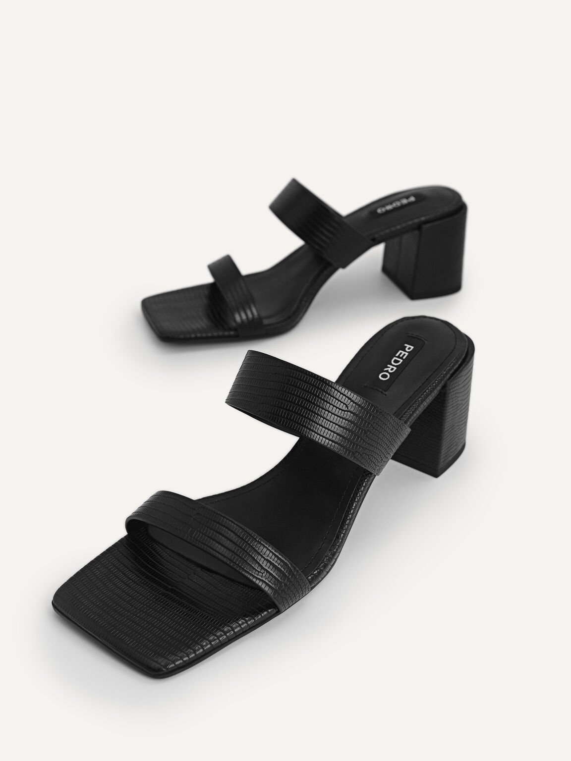 Lizard-effect Heeled Sandals, Black, hi-res