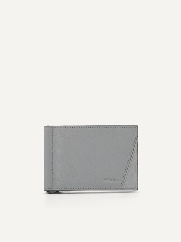 Leather Bi-Fold Card Holder with Money Clip, Light Grey