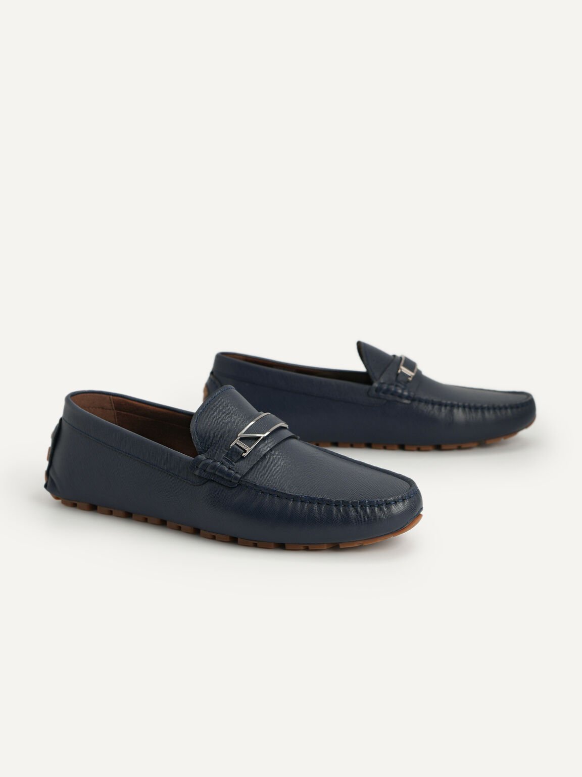 Leather Moccasins with Metal Bit, Navy, hi-res