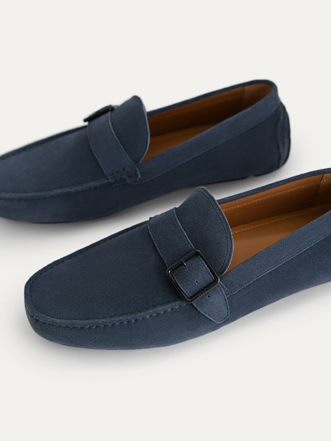 Suede Leather Moccasins with Buckle Detailing, Navy