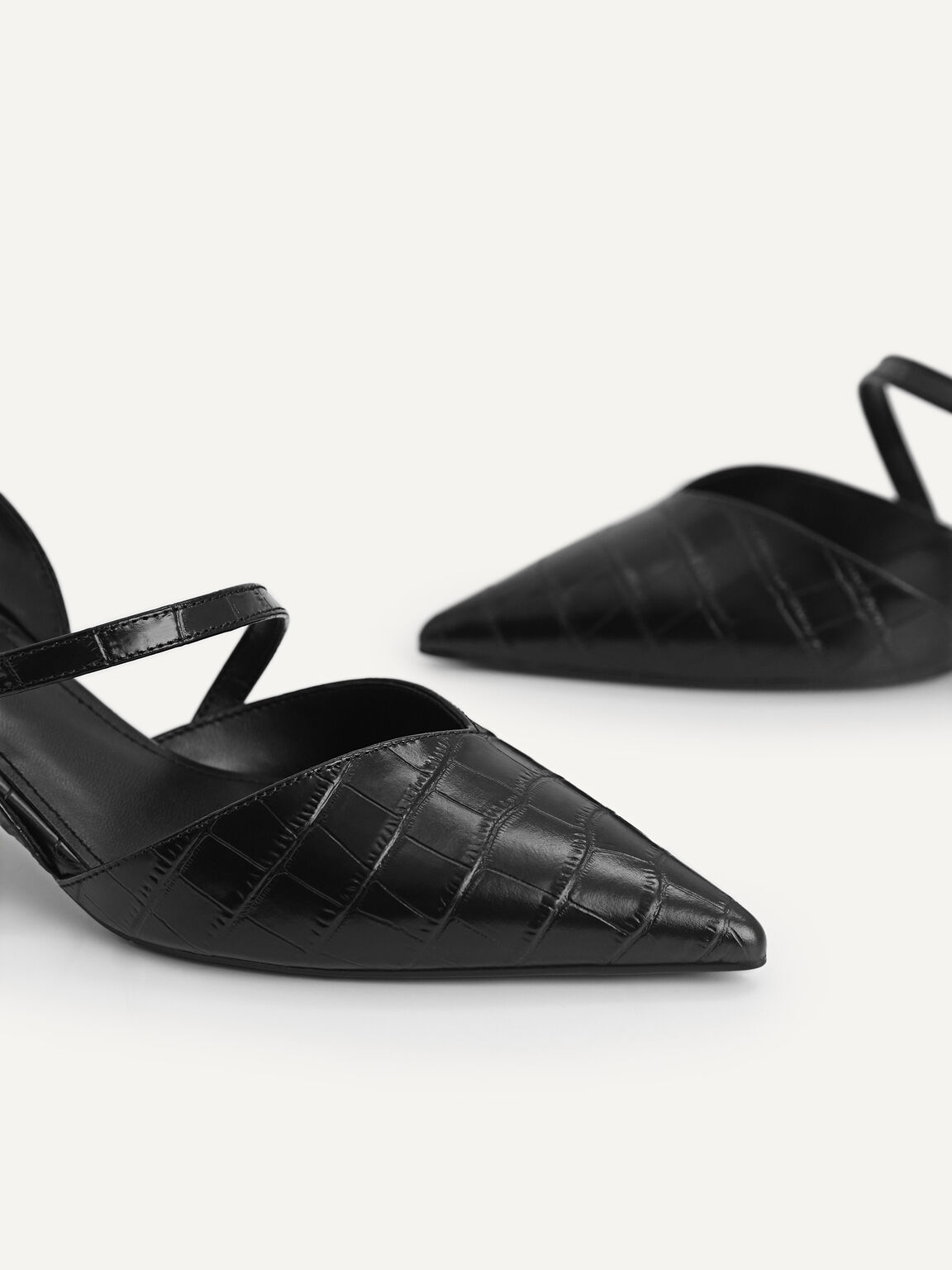 Croc-Effect Leather Slingback Pumps, Black