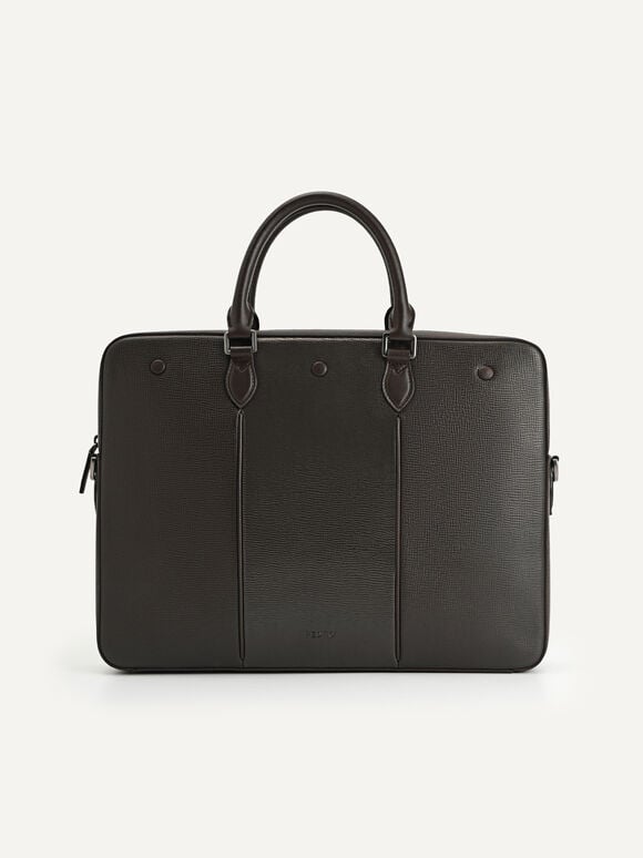 Textured Leather Briefcase, Dark Brown