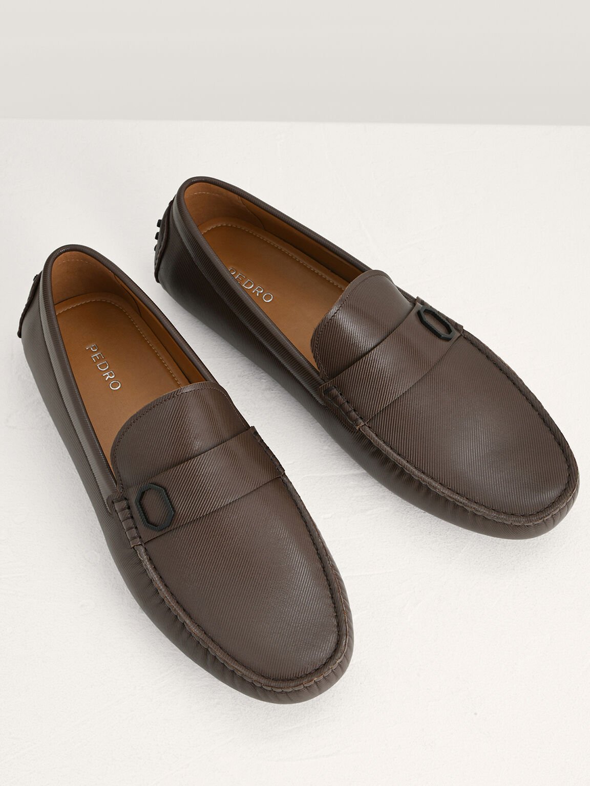 Embossed Leather Moccasins with Octagon Hardware, Dark Brown