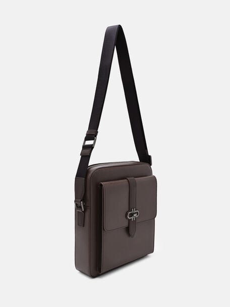 Boxy Saffiano Leather Crossbody Bag, Dark Brown Saffiano
