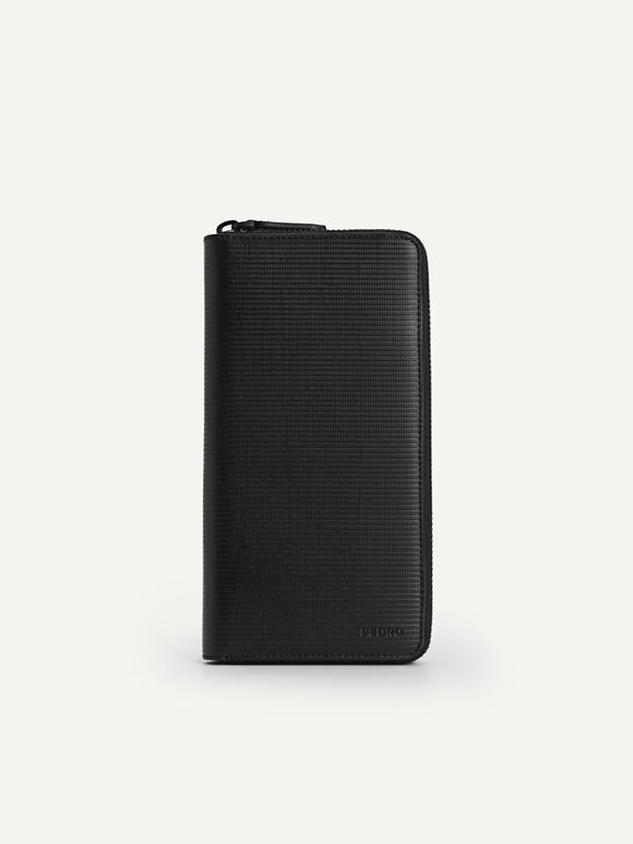 Textured Long Leather Wallet, Black