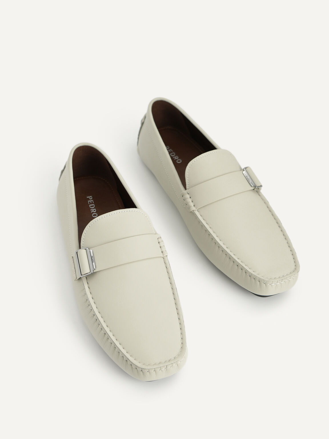 Leather Moccasins with Buckle Detail, Light Grey