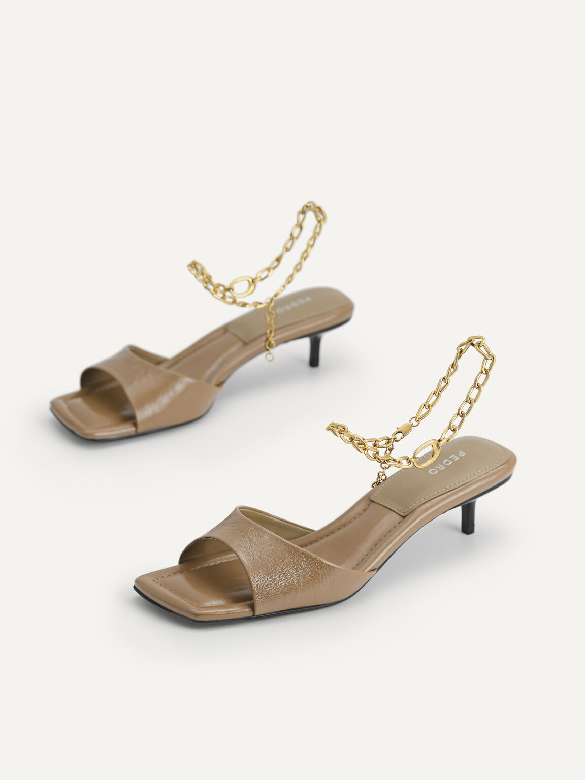 Chain-Strap Leather Heeled Sandals, Taupe