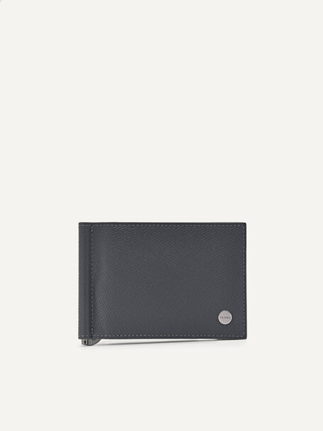 Leather Bi-Fold Card Holder with Money Clip, Dark Grey