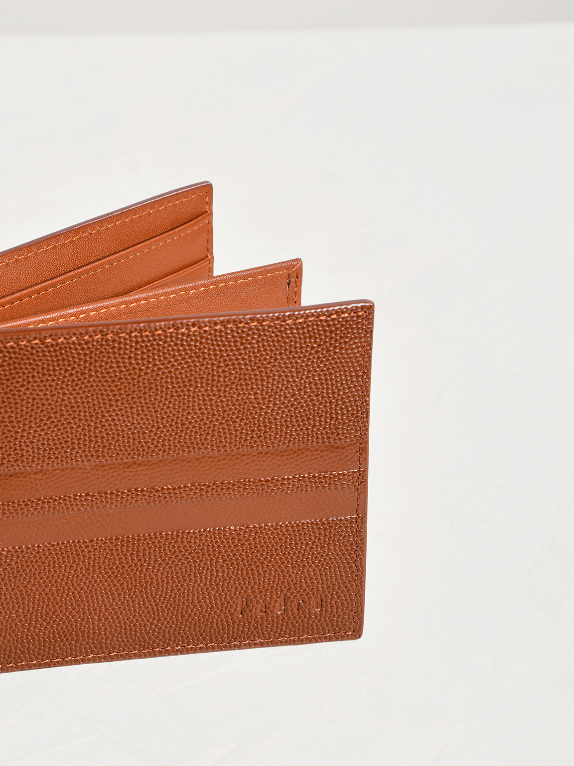 Striped Leather Bi-Fold Flip Wallet, Cognac