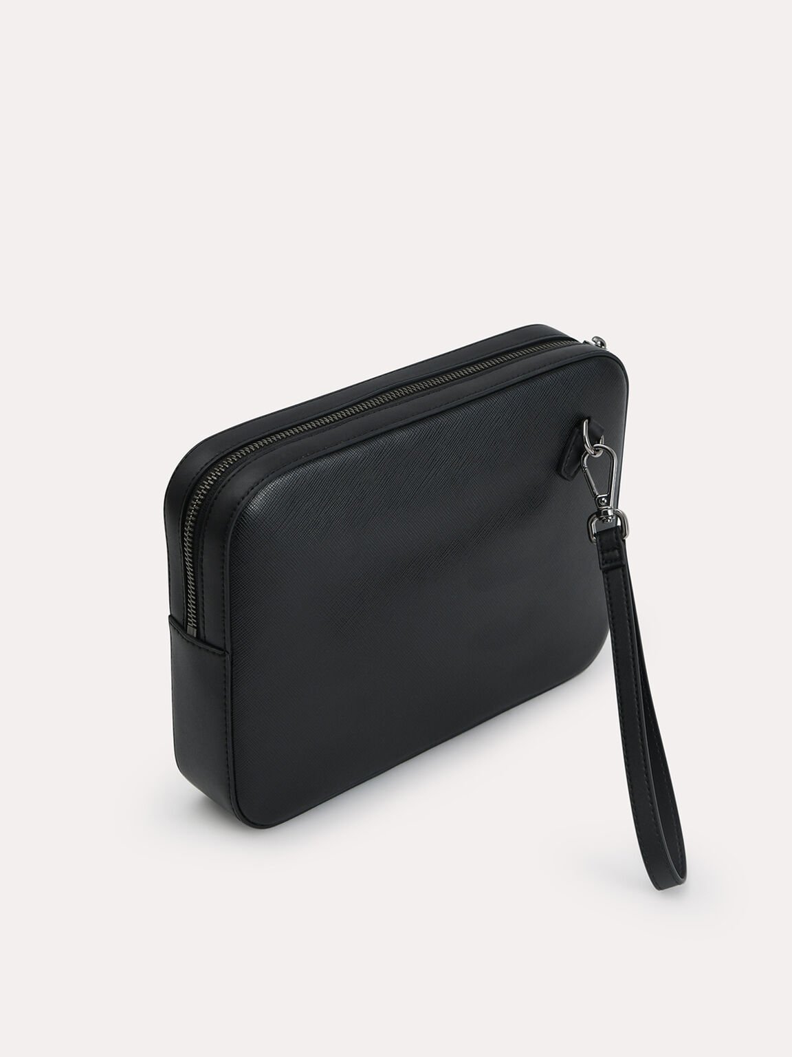 Textured Leather Clutch with Wristlet, Black