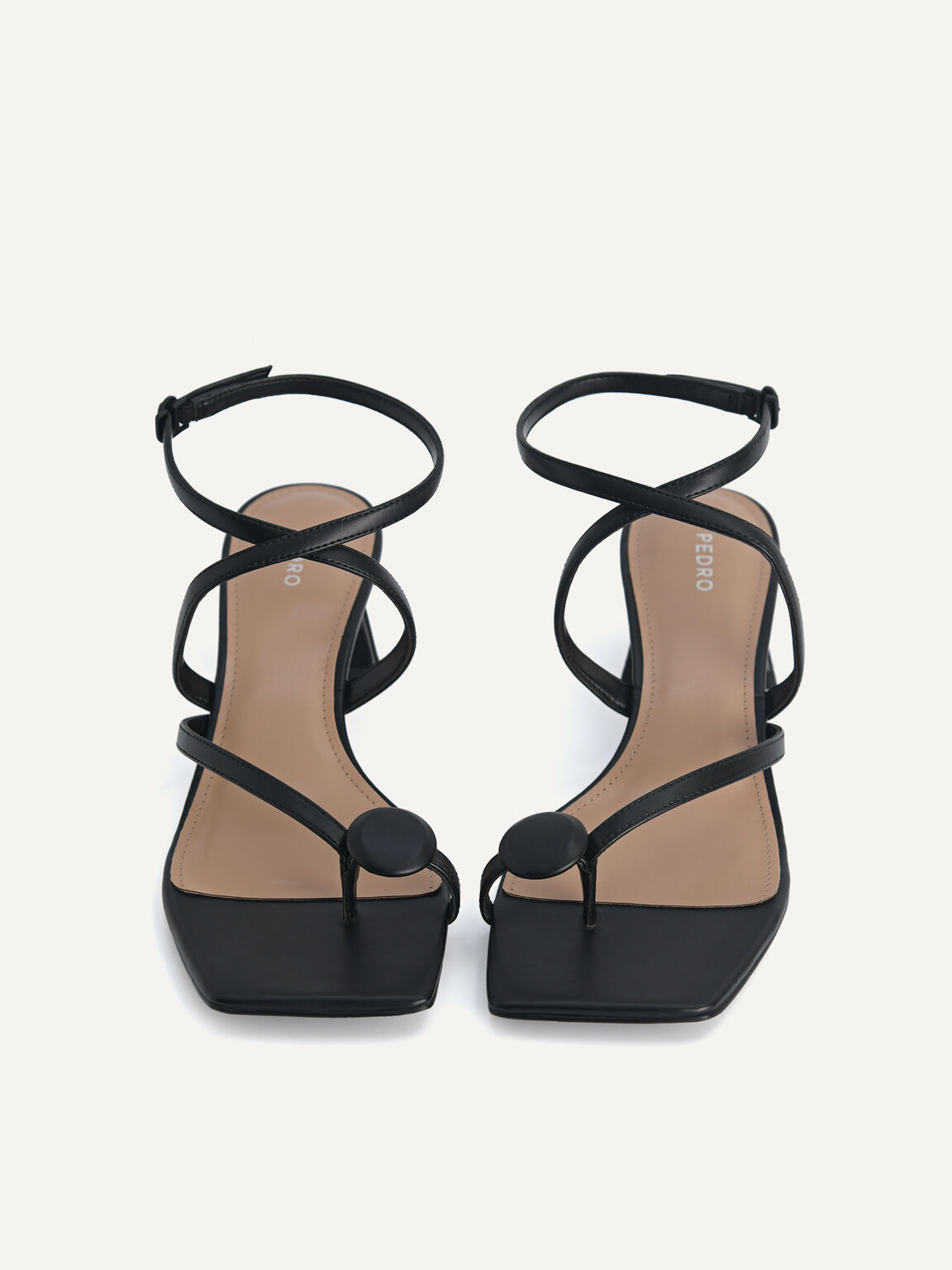 Strappy Toe-Loop Heeled Sandals, Black