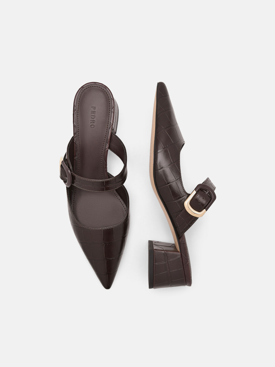 Bridget Embossed Leather Heel Mules, Dark Brown