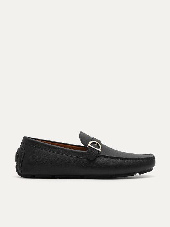 Leather Moccasins with Buckle Detail, Black