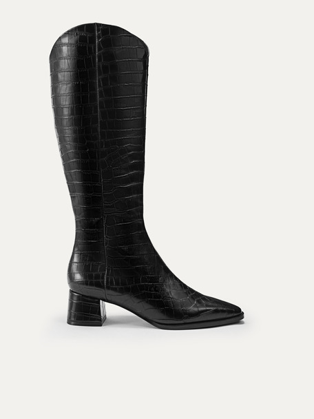 Croc-Effect Leather Knee Boots, Black2