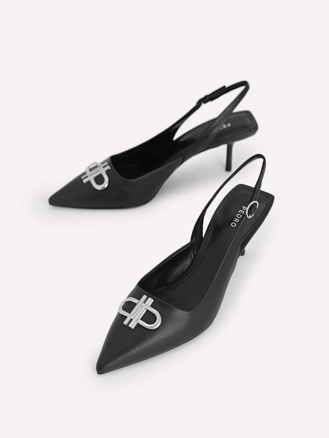 Icon Leather Pointed Toe Slingback Heels, Black