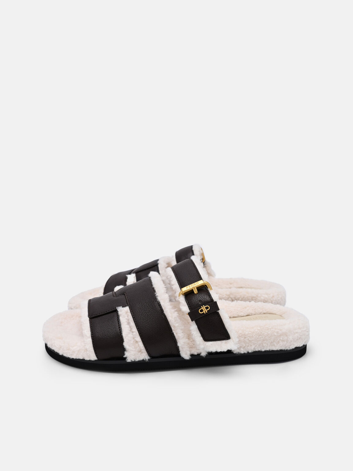 Iza Faux Shearling Leather Sandals, Dark Brown Fur