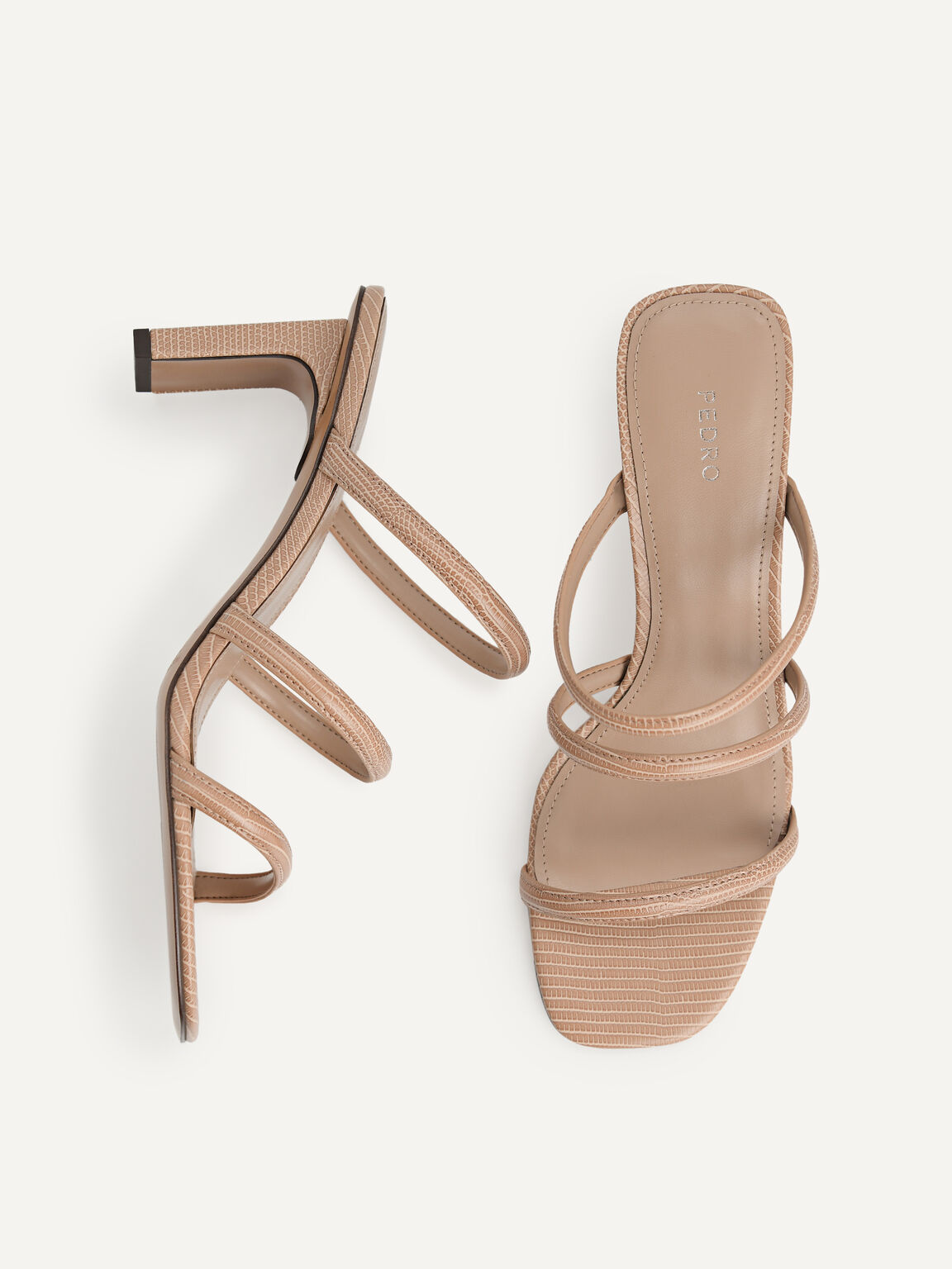 Strappy Heeled Lizard-Effect Sandals, Taupe, hi-res