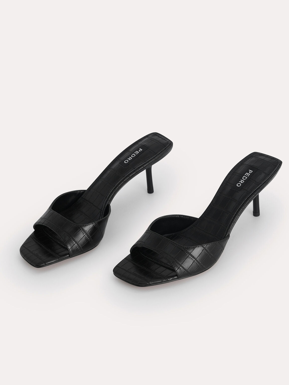 Croc-Effect Heeled Sandals, Black
