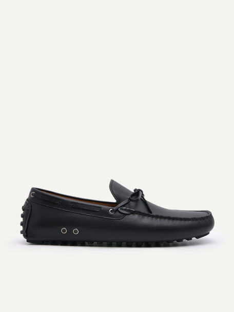 Leather Moccasins with Bow Detail, Black, hi-res