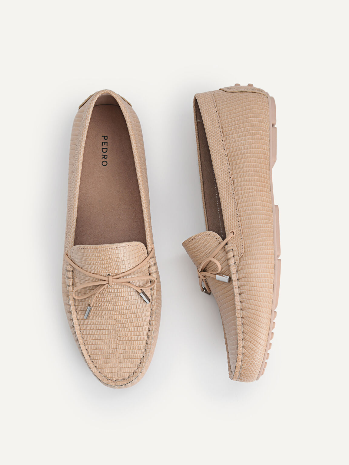 Lizard-effect Leather Bow Moccasins, Nude