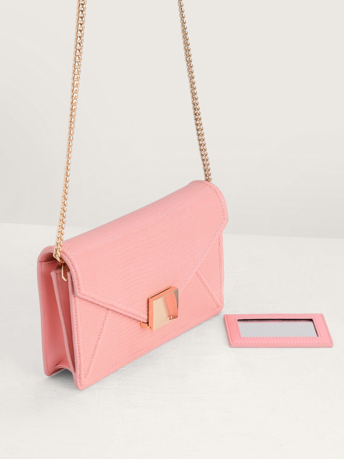 Lizard-Effect Leather Shoulder Bag, Pink