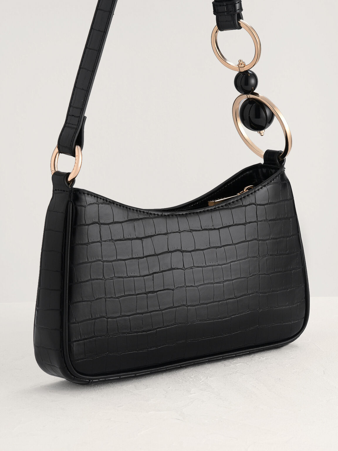 Acrylic Embellished Croc-Effect Embossed Shoulder Bag, Black