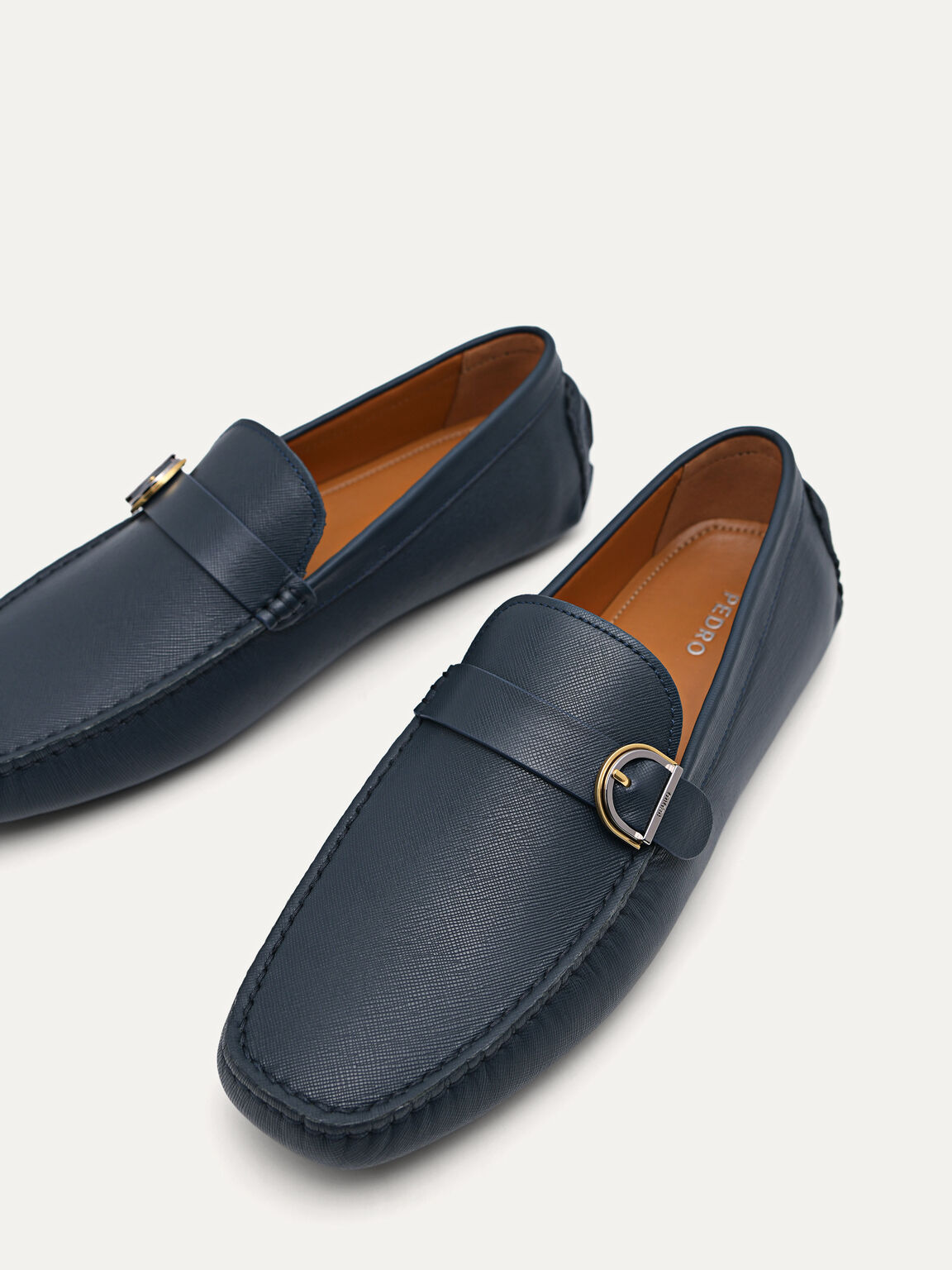 Leather Moccasins with Buckle Detail, Navy