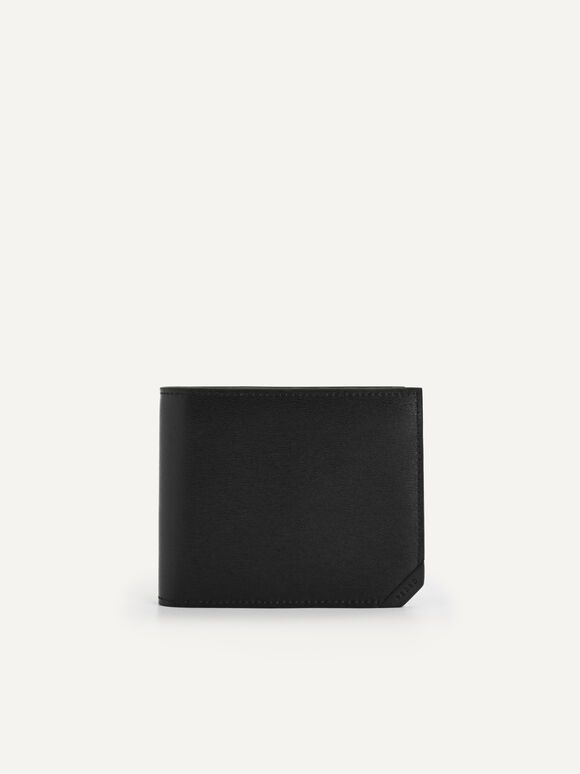Textured Leather Bi-Fold Wallet with Flip, Black